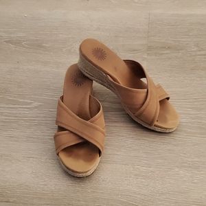 UGG Gwyn Chestnut Brown Criss-Cross Leather 2" Jute Wedge Slide Sandals sz 7